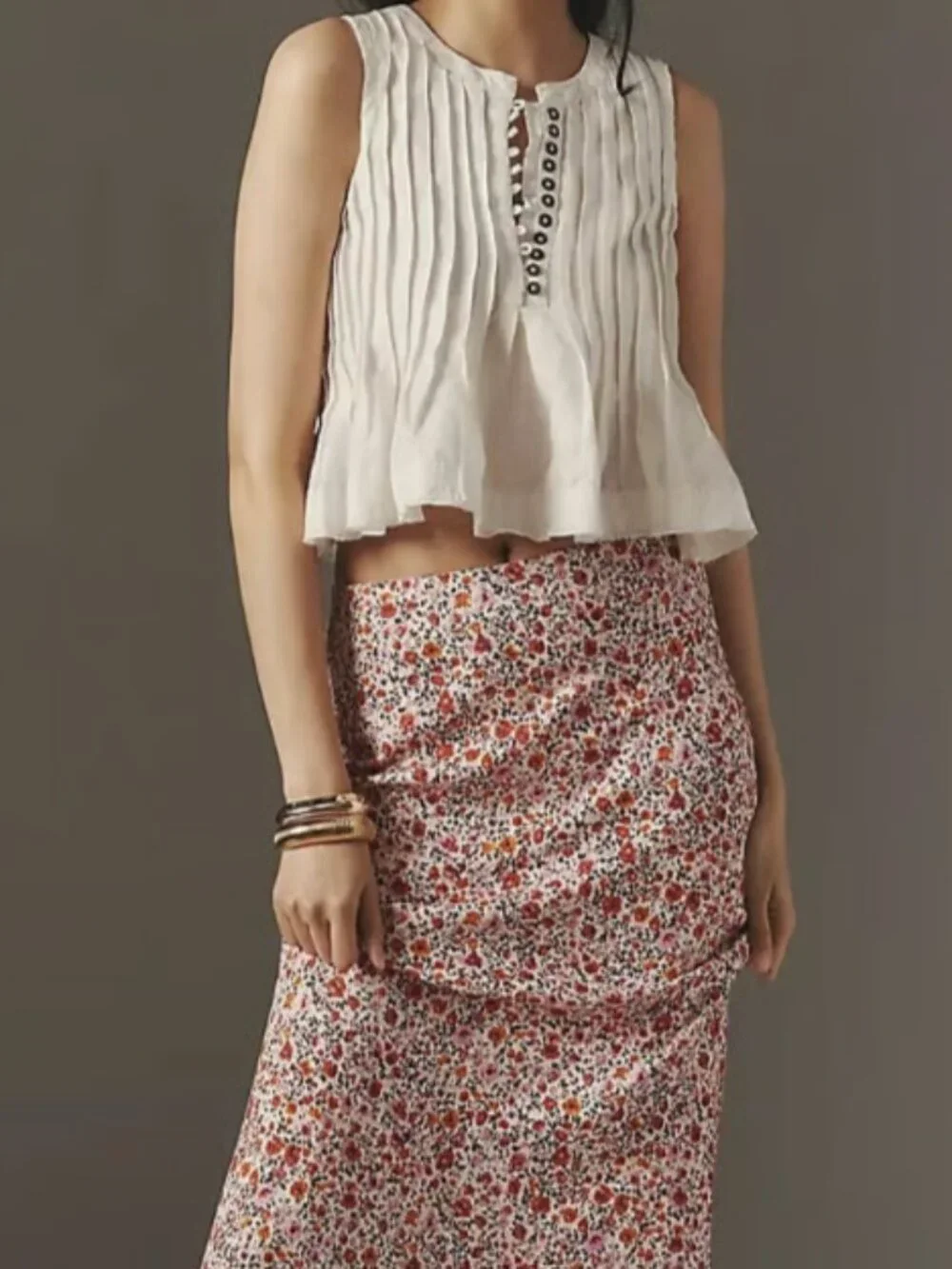 Anthropologie Floral Linen Blend Midi Skirt Pink Red Print Size XS